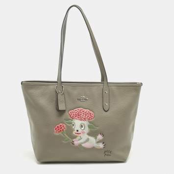 Pre Owned Coach x Gary Baseman Beige Leather Lou City Zip Tote