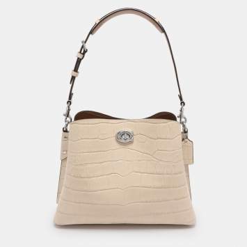 Pre Owned Coach Willow Beige Croc Embossed Leather Bucket bag