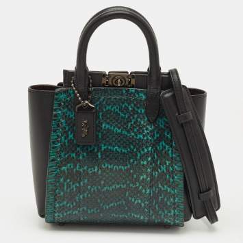 Pre Owned Coach Troupe 16 Black/Green Leather and Snakeskin Tote