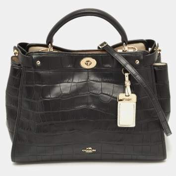 Pre Owned Coach Gramercy Black Croc Embossed Leather Top Handle Bag