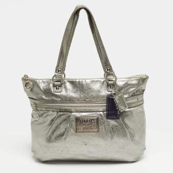Pre Owned Coach Poppy Glam Metallic Grey Leather Tote
