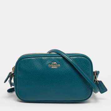 Pre Owned Coach Double Zip Teal Green Leather Camera Crossbody Bag