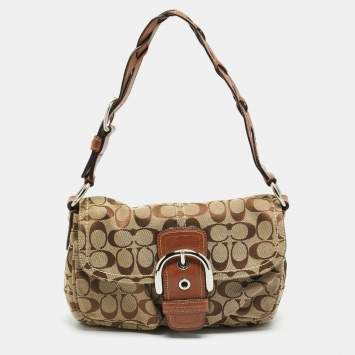 Pre Owned Coach Soho Beige/Brown Signature Jacquard Canvas Flap Shoulder Bag