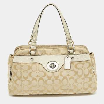 مملوكة مسبقًا Coach Penelope Beige/Off White Signature Canvas and Snake Trim Suede Satchel