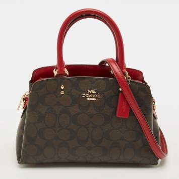 Pre Owned Coach Lillie Carryall Mini Dark Brown/Red Signature Coated Canvas and Leather Satchel