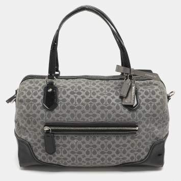 Pre Owned Coach Poppy Grey/Black Canvas and Patent Leather East West Satchel