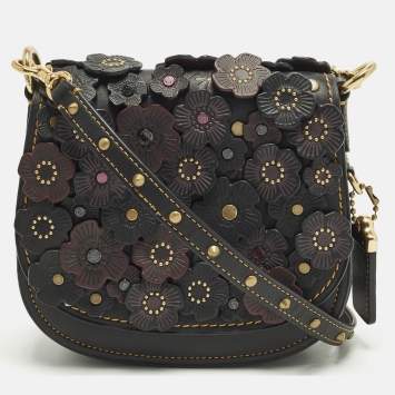 Pre Owned Coach Saddle 17 Floral Applique Black/Burgundy Leather Crossbody Bag