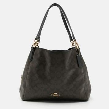 مملوكة مسبقًا حقيبة كتف كوتش "هالي" جلد و كانفاس بتصميم مميز بني/أسود