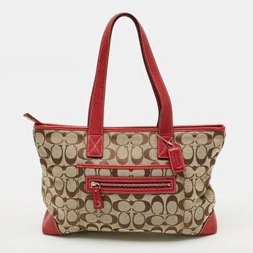 Pre Owned Coach Front Zip Red/Beige Signature Canvas and Leather Tote