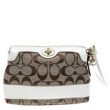 Pre Owned Coach Beige/White Signature Canvas Wristlet Pouch