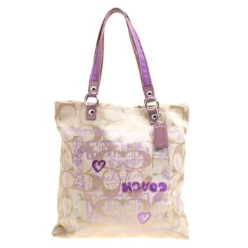 Pre Owned Coach Beige/Lilac Signature Canvas Poppy Glam Tote