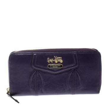 Pre Owned Coach Purple Leather Zip Around Wallet