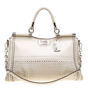 Pre Owned Coach Off-White Woven Leather Caroline Dowel Top Handle Bag