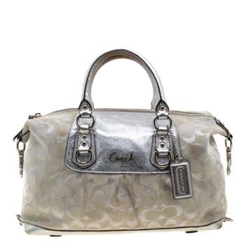 Pre Owned Coach Silver Canvas and Leather Ashley Satchel