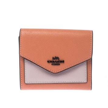 Pre Owned Coach Pastel Orange/Pink Leather Colorblock Trifold Wallet 