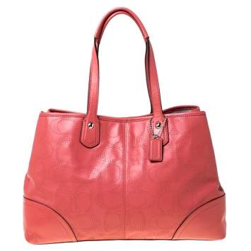Pre Owned Coach Light Orange Leather Perforated Tote 