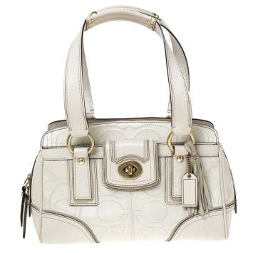 Pre Owned Coach Cream Monogram Leather Turnlock Satchel