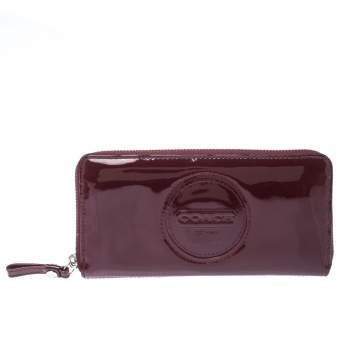 Pre Owned Coach Burgundy Patent Leather Zip Around Continental Wallet 