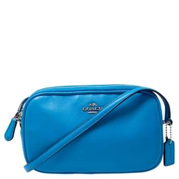 Pre Owned Coach Blue Leather Double Zip Camera Crossbody Bag