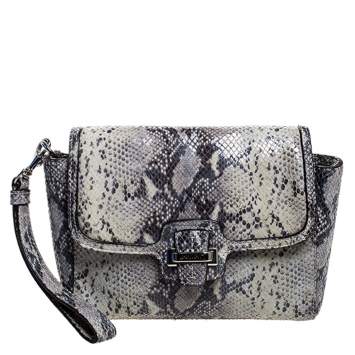 Pre Owned Coach Grey Embossed Python Flap Wrislet Clutch