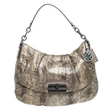 Pre Owned Coach Beige Python Embossed Leather Flap Shoulder Bag
