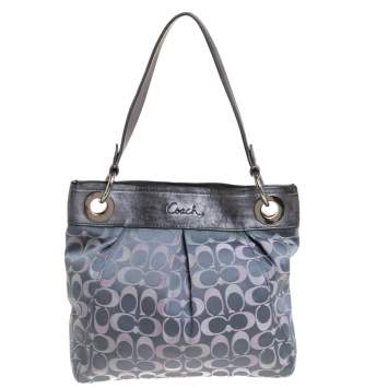 Pre Owned Coach Grey Signature Satin and Leather Top Handle Bag