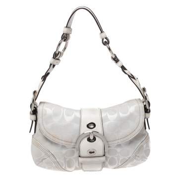 Pre Owned Coach White Signature Canvas and Leather Shoulder Bag