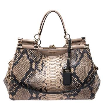 Pre Owned Coach Beige Python Kisslock Madison Satchel