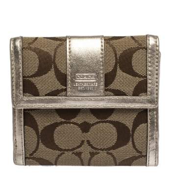 Pre Owned Coach Beige/Gold Signature Canvas and Leather Compact Wallet