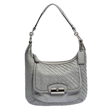 Pre Owned Coach Grey Woven Leather Kristin Hobo 