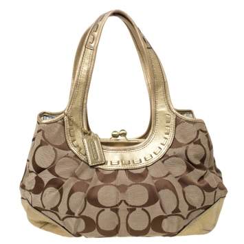 Pre Owned Coach Gold/Beige Signature Canvas and Leather Ergo Tattersall Hobo