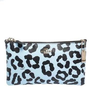 Pre Owned Coach Light Blue/Black Leopard Print Leather Zip Clutch Bag