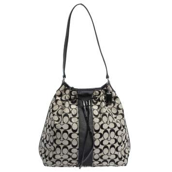 Pre Owned Coach Grey/Black Signature Canvas and Patent Leather Drawstring Shoulder Bag