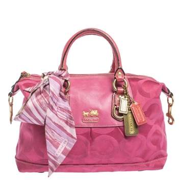 Pre Owned Coach Pink Signature Canvas and Patent Leather Ashley Satchel