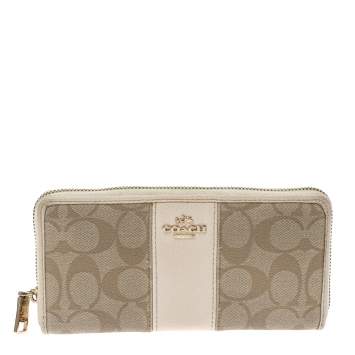 Pre Owned  Coach Beige/Cream Signature Coated Canvas and Leather Accordion Zip Around Wallet