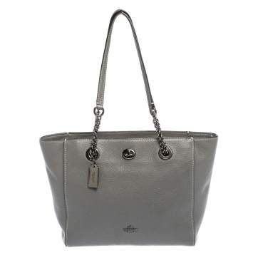 Pre Owned Coach Grey Leather Turnlock Chain Tote