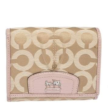 Pre Owned Coach Pink/Beige Signature Canvas and Leather Flap Compact Wallet