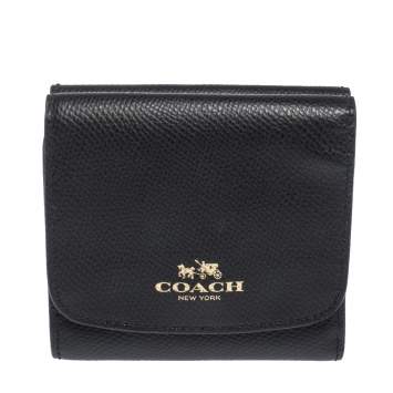 Pre Owned Coach Black Leather Trifold Compact Wallet