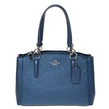 Pre Owned Coach Metallic Navy Blue Leather Mini Christie Carryall Satchel