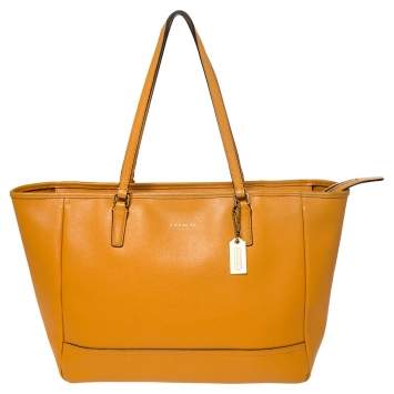 Pre Owned Coach Orange Leather Shopper Tote