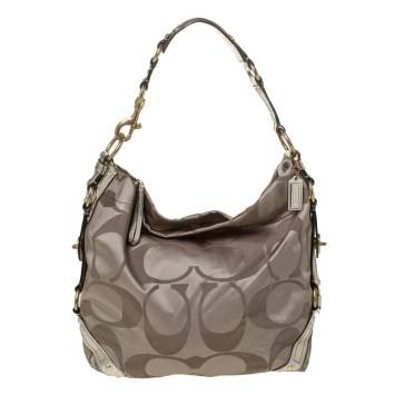 Pre Owned Coach Gold Signature Canvas and Patent Leather Carly Hobo