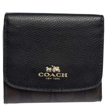 Pre Owned Coach Brown/Black Coated Canvas and Leather Trifold Wallet
