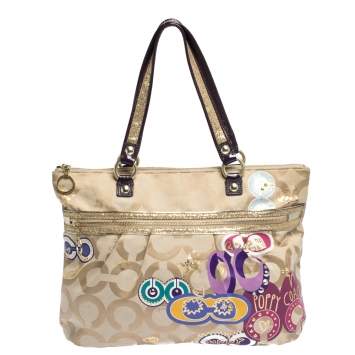 Pre Owned Coach Beige/Purple Canvas and Patent Leather Poppy Tote