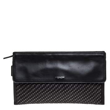 Pre Owned Coach Black/Grey Woven Leather Flap Clutch