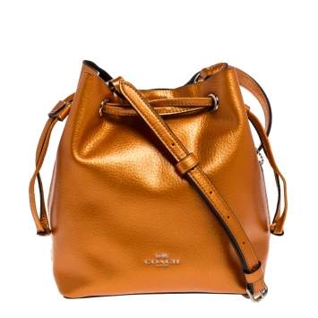 Pre Owned Coach Metallic Orange Leather Drawstring Crossbody Bag