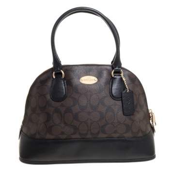 Pre Owned Coach Brown/Black Signature Coated Canvas and Leather Cora Domed Satchel