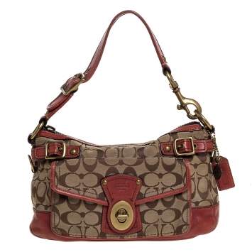 Pre Owned Coach Beige/Pale Red Signature Canvas and Leather Hobo