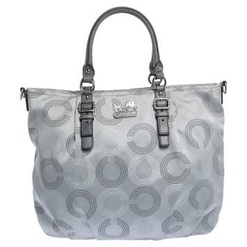مملوكة مسبقًا Coach Metallic Grey Op Art Nylon and Leather Satchel