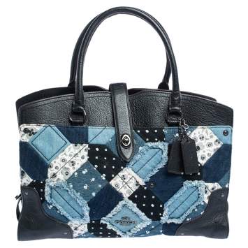 مملوكة مسبقًا Coach Black/Blue Leather and Denim Patchwork Tote 