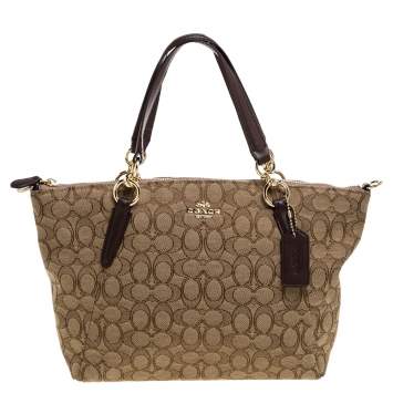 Pre Owned Coach Beige/Brown Canvas and Leather Small Kelsey Top Handle bag